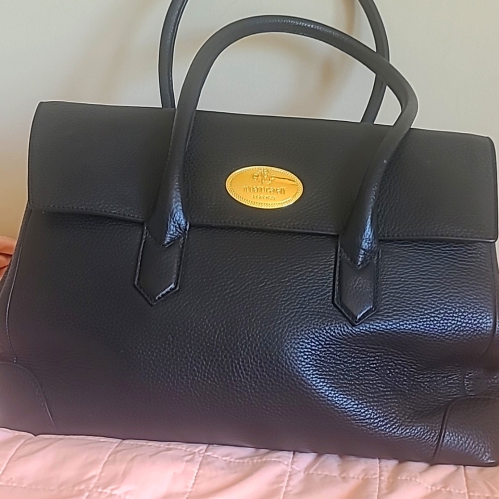Roberto Cavalli Satchel bag. Black with gold plaque and gold magnetic close.